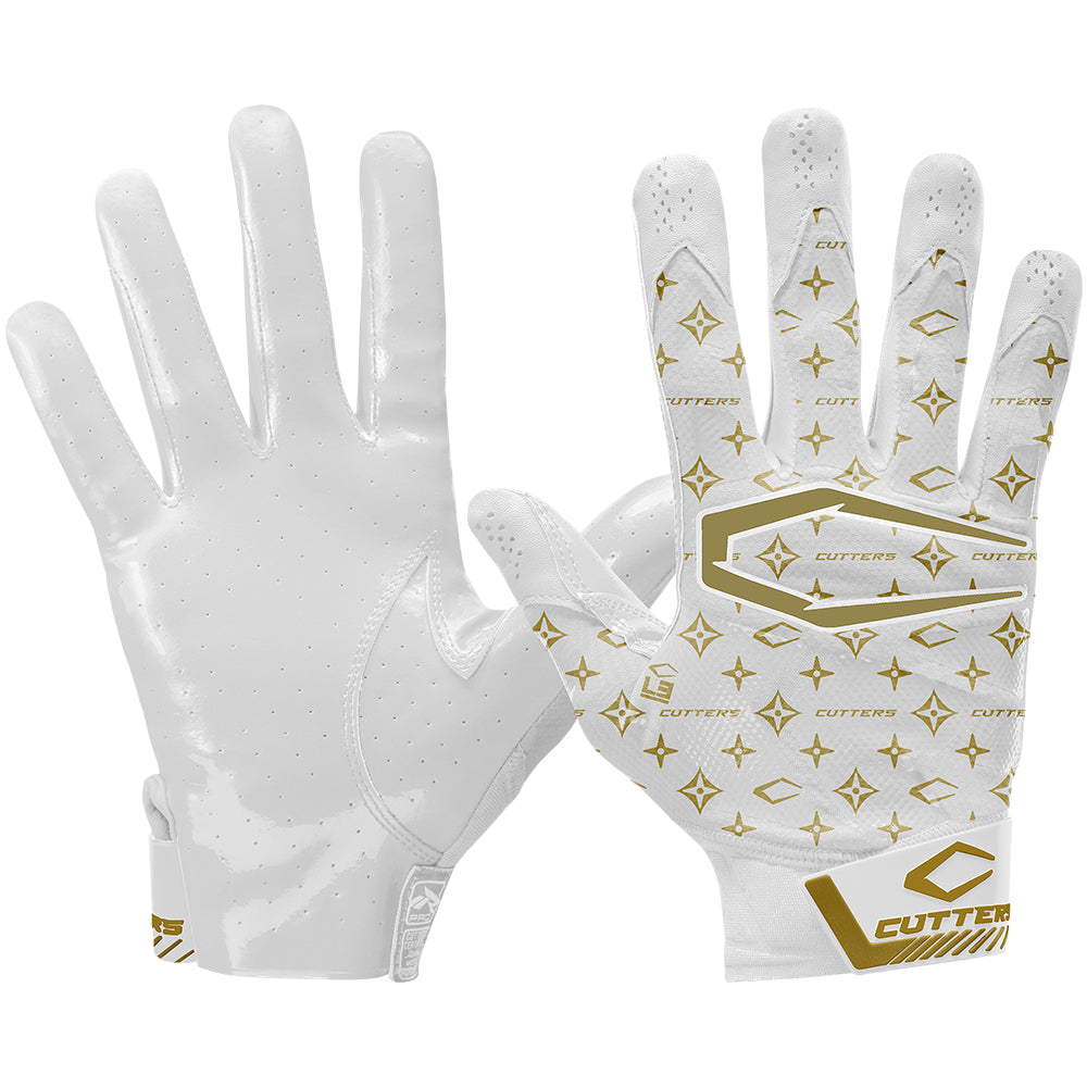 Cutters White/Gold Lux Rev Pro 4.0 Limited-Edition Football Receiver Gloves - Front and Back View